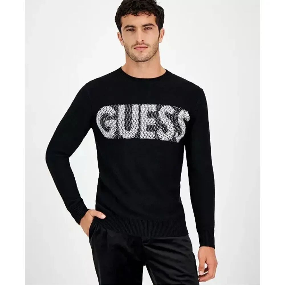 Guess NWT Amyas Crewneck Long Sleeve Logo Sweater Jet Black XXL